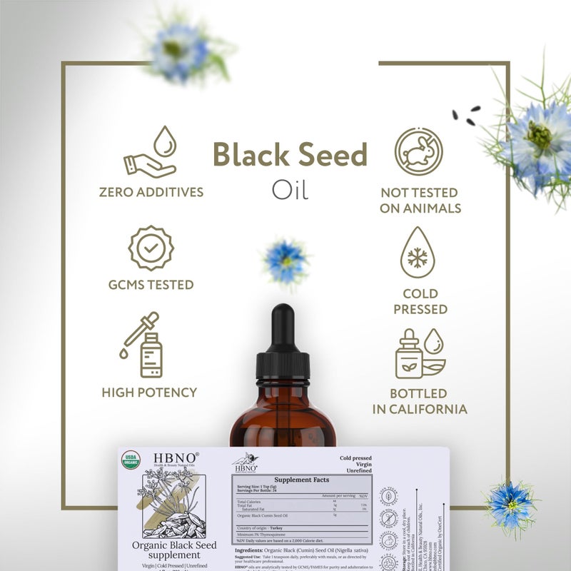 HBNO Organic Black Seed Oil - Huge 4oz (120ml) Glass Bottle Value Size - USDA Certified Organic Black Seed Oil, Cold Pressed for Face, Body, Lips, Shampoo & Conditioner - Image 5